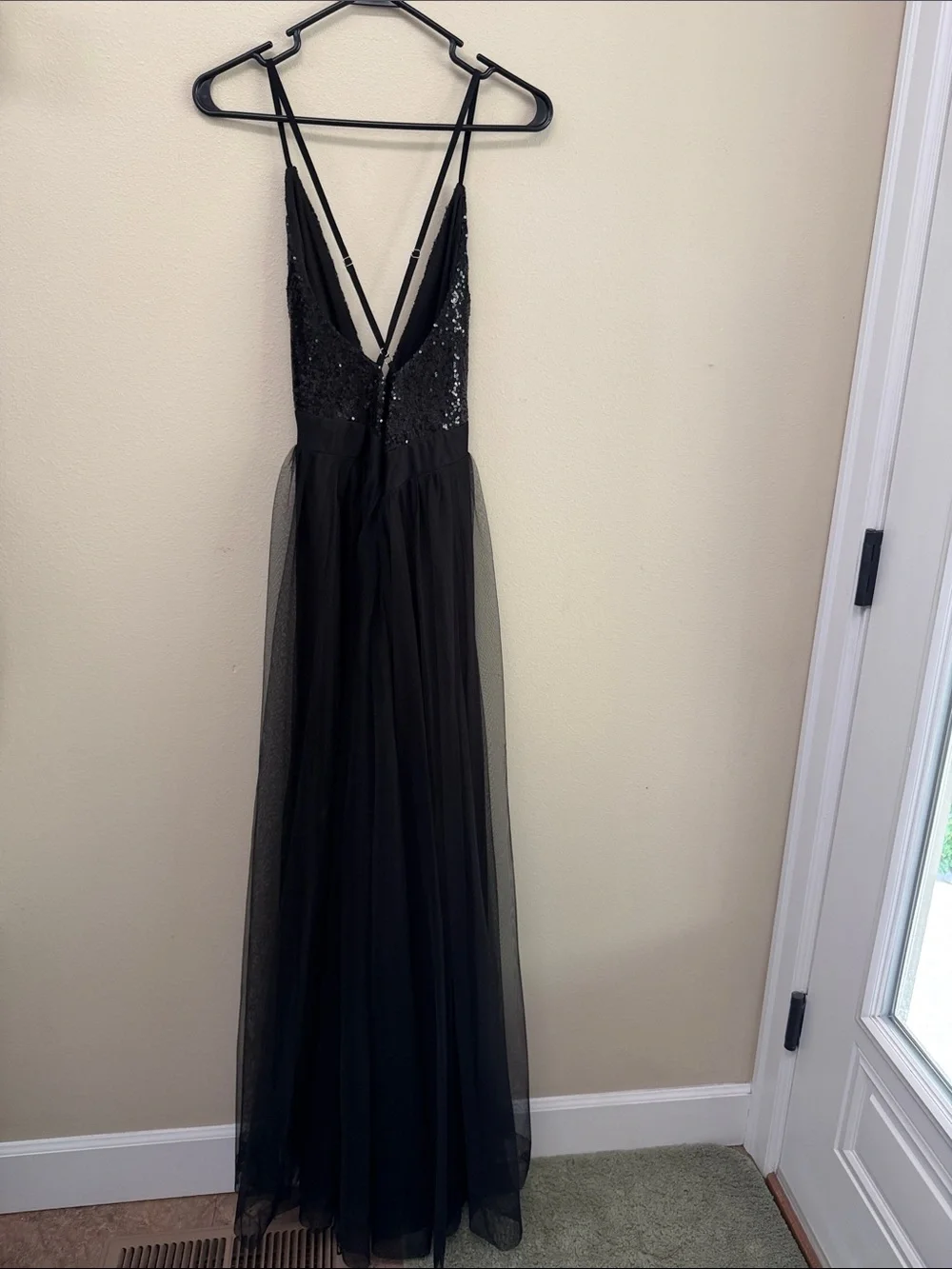 Luxxel Black Sequin V-Neck Mesh Maxi Slip Dress SzS